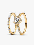 Playful Love Golden Elevated Heart Sparkling Band Ring Set