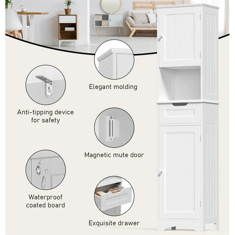67 Inch Tall Narrow Bathroom Linen Storage Cabinet, 5-Tier Solid Wood Freestanding