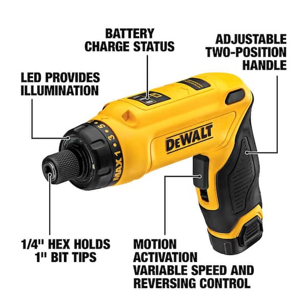 DEWALT 8V MAX Cordless Gyroscopic Screwdriver With Adjustable Handle, 2 1.0Ah Batteries, Charger And Bag