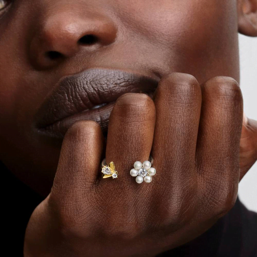 Bridgerton Bee & Treated Freshwater Cultured Pearl Flower Open Ring