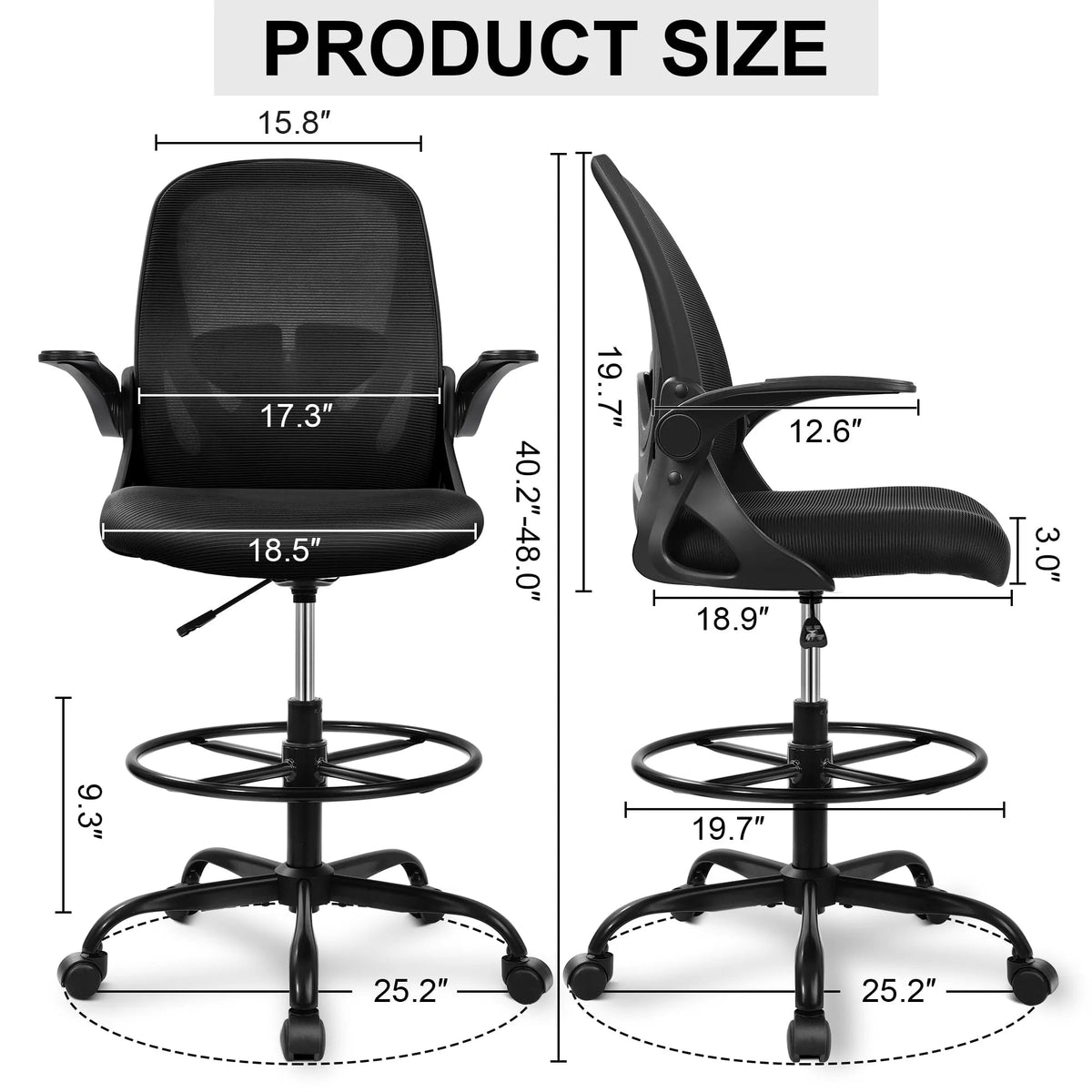 Ergonomic Drafting Chair With Adjustable Lumbar Support, Foot Ring And Flip-Up Armrests
