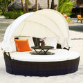 Rattan Round Outdoor Daybed With Retractable Sunshade Canopy, Cushions And Lift-Top Coffee Table