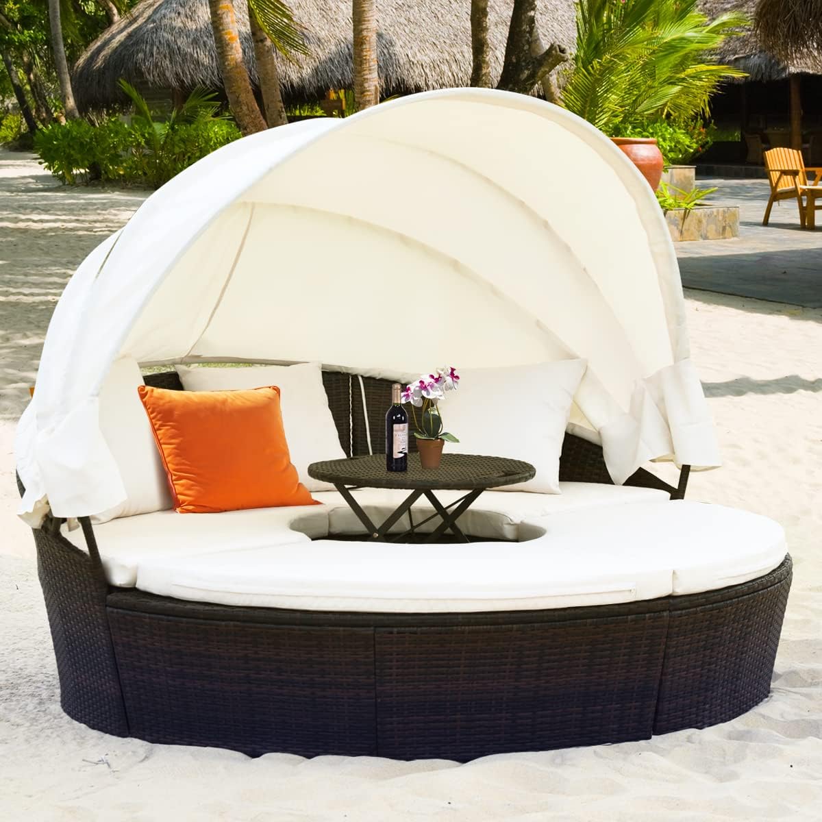 Rattan Round Outdoor Daybed With Retractable Sunshade Canopy, Cushions And Lift-Top Coffee Table