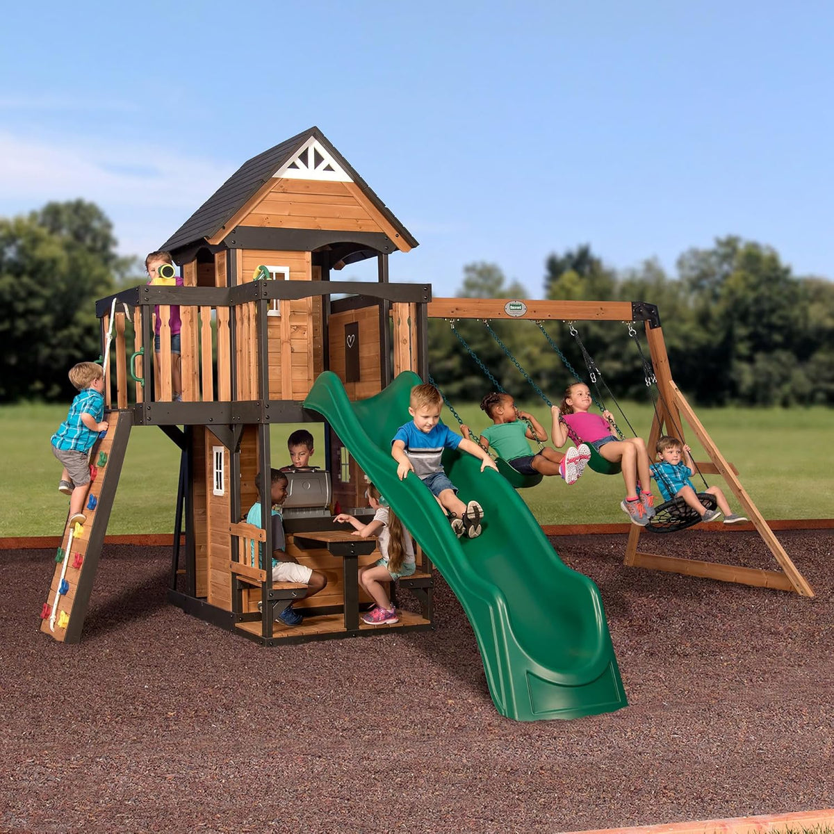 Backyard Discovery Cedar Wood Swing Set With Wave Slide, Clubhouse, Play Kitchen, Belt And Web Swings - Canyon Creek