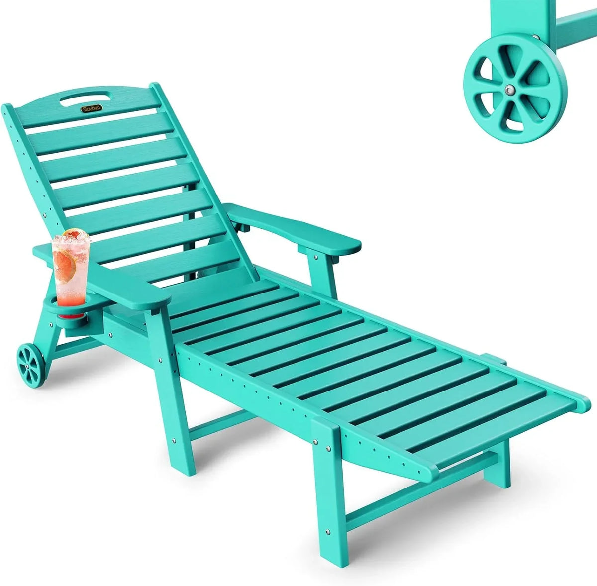 SUUNYN HDPE 6-Position Outdoor Chaise Lounge Chair With Wheels And Cup Holder - Teak