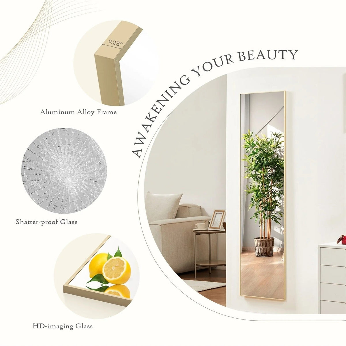 Full-Length Floor Mirror With Stand, Aluminum Alloy Frame - 71x30