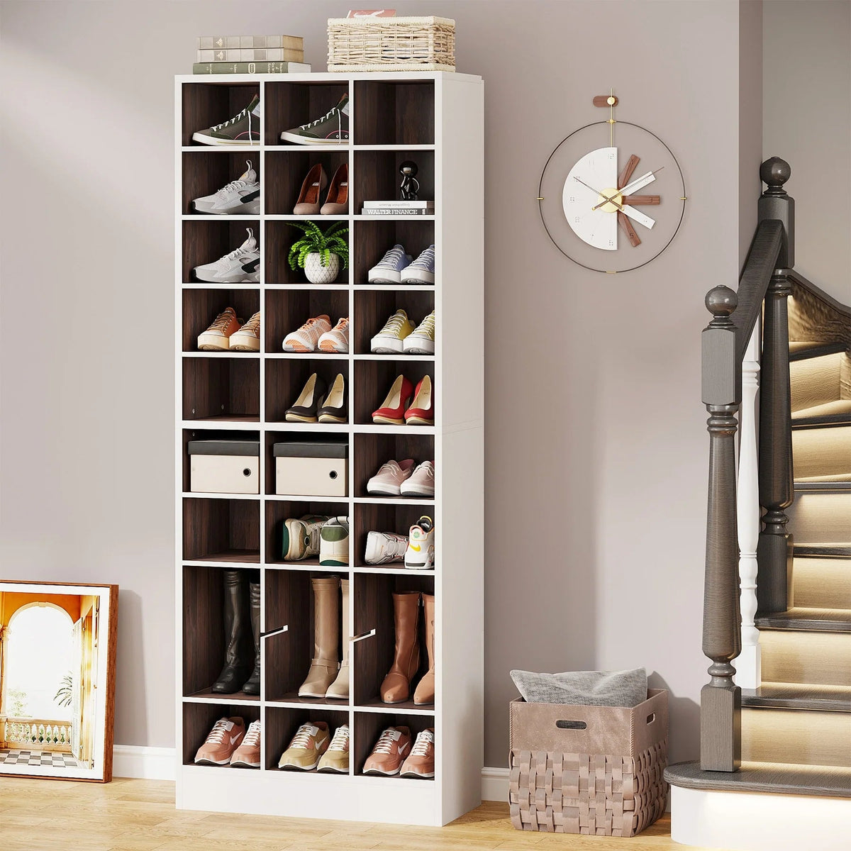 10-Tier Tall Shoe Cabinet, 30-Pair White Engineered Wood Shoe Storage Rack