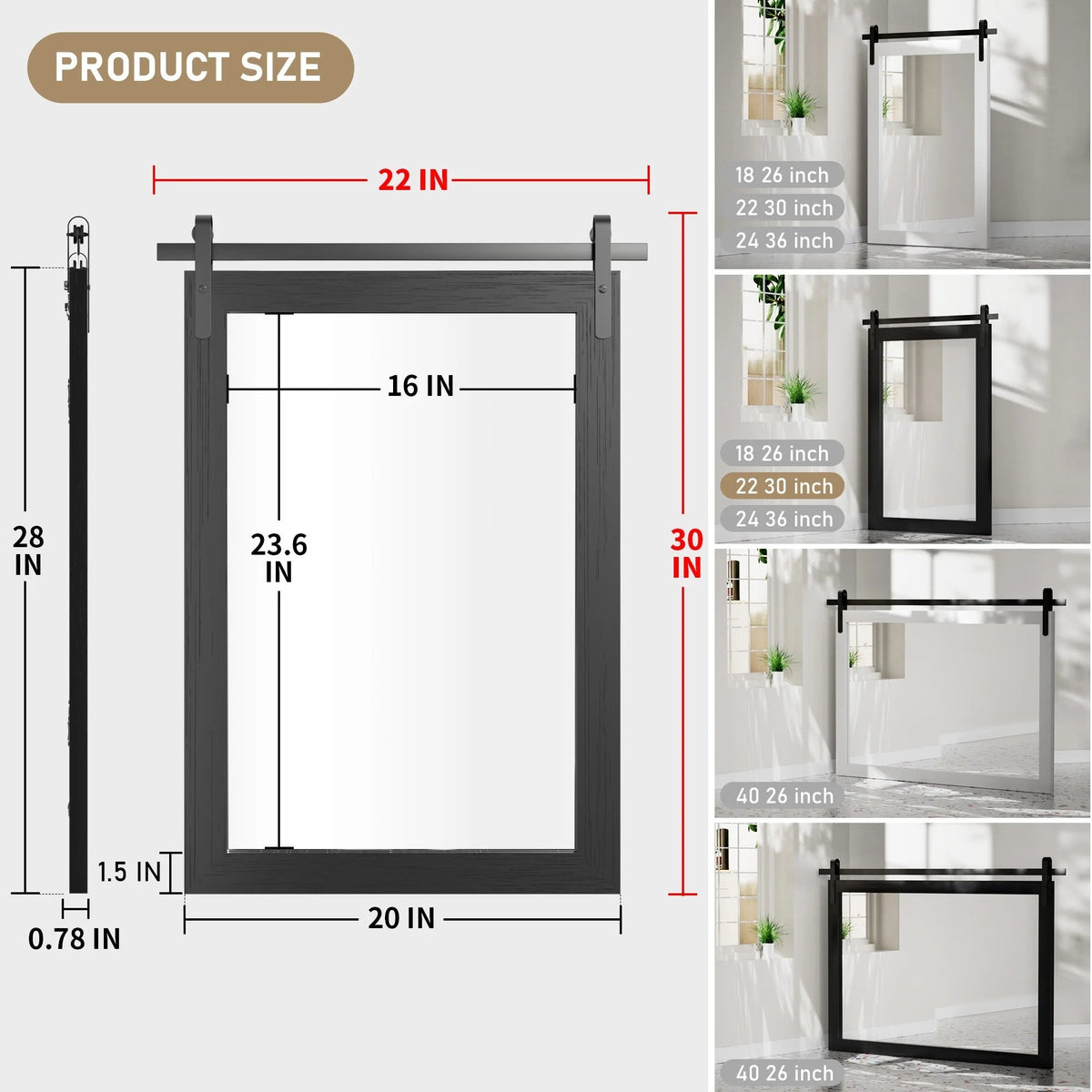 Rectangular Wall Mirror With Wood Frame, 18 x 26 in, 22 x 30 in, 24 x 36 in, or 40 x 26 in - Multiple Sizes