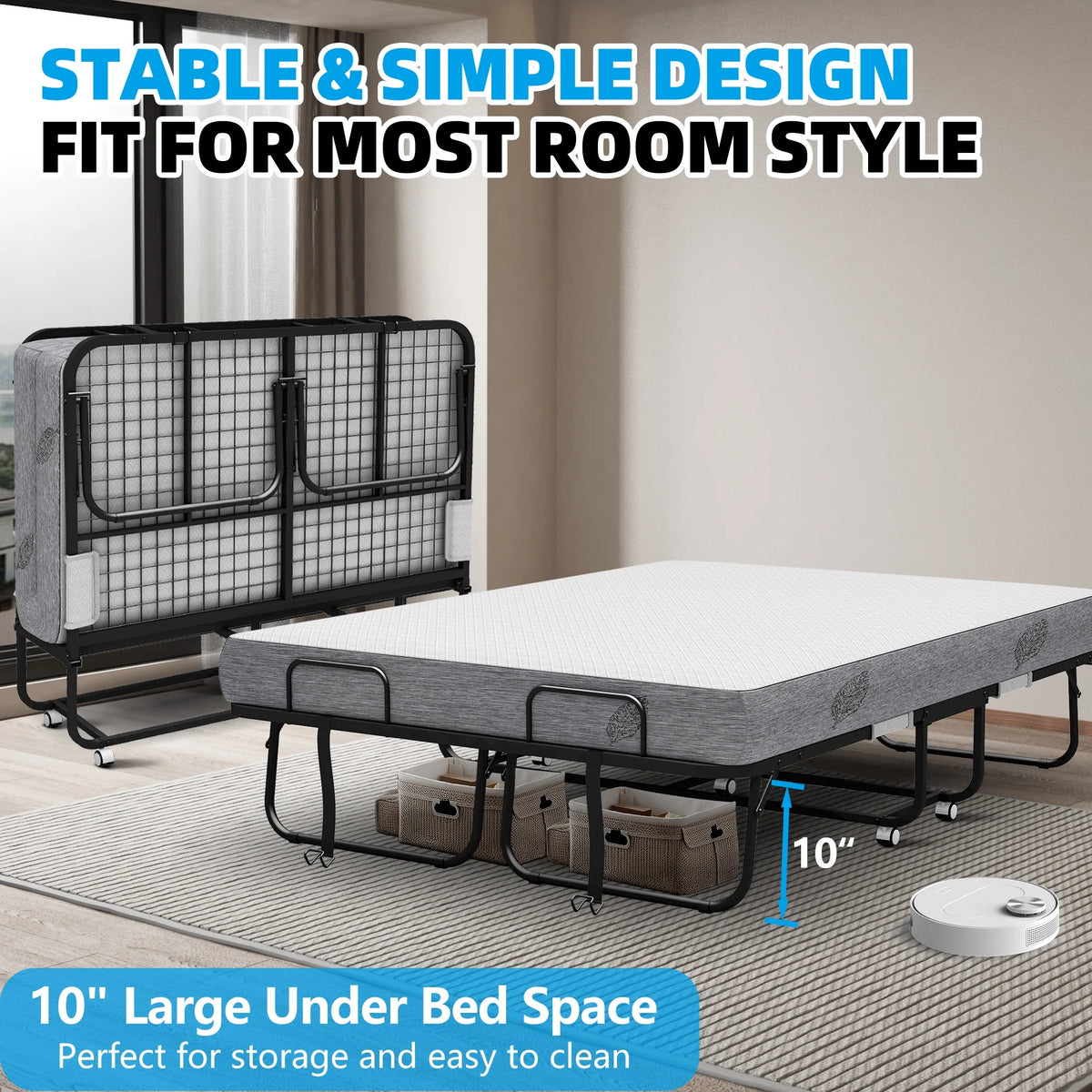 Folding Rollaway Guest Bed With 75in x 31in Cot Mattress And 5in Memory Foam