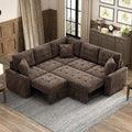 82.6 in L-Shaped Corded Velveteen Sectional Sleeper Sofa, Brown, USB Ports And Power Sockets - 82.6 in W x 82.6 in D x 33 in H