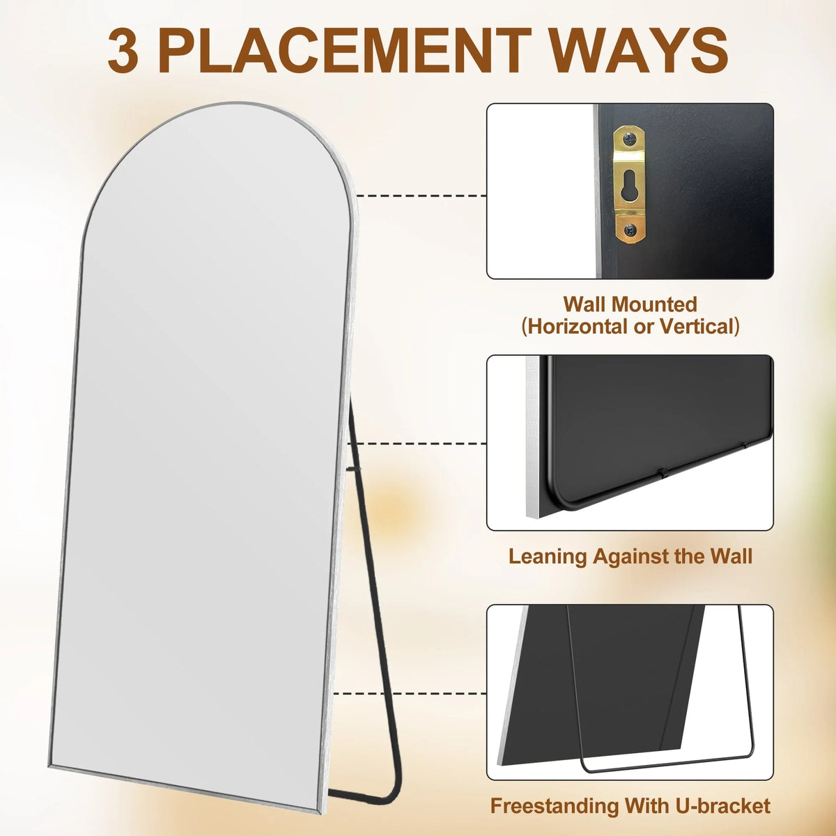 Arched Full Length Floor Mirror With Aluminum Alloy Frame - 65x22, 71x24, 71x28, 71x32