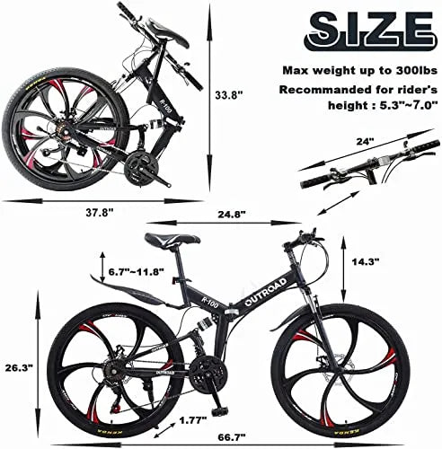 26-Inch Folding Mountain Bike, 21-Speed Dual Suspension