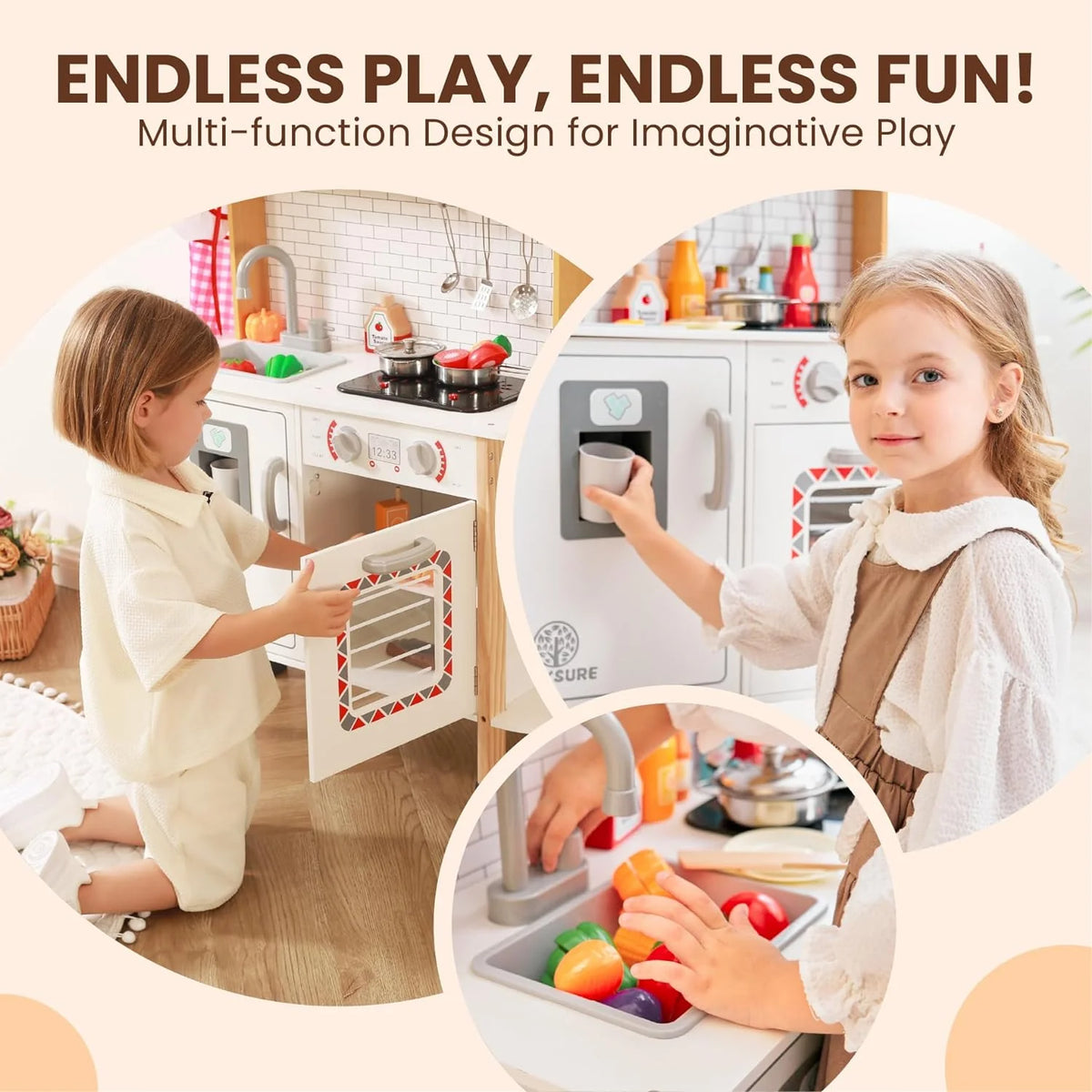 TINYSURE Kids' Wooden Play Kitchen With Lights, Sounds And Toy Food Set - B0CBQF1KCQ