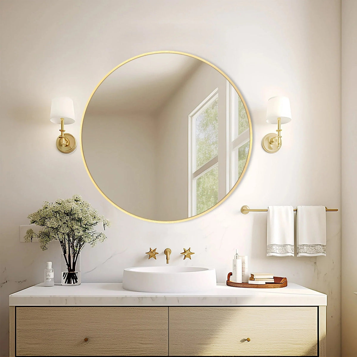 Round Bathroom Vanity Mirror, 24x24 / 36x36, Black, Brushed Gold or Silver