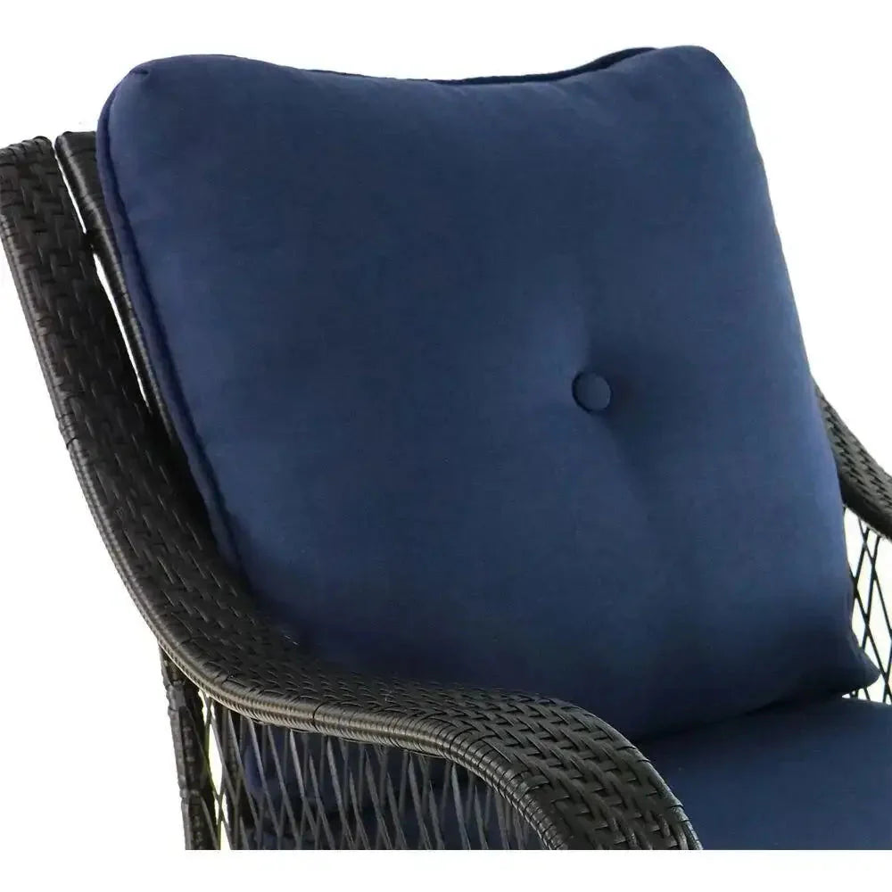 Hanover Orleans 5-Piece Steel Patio Fire Pit Conversation Set With Navy Blue Cushions, Swivel Gliders And Square Fire Pit Table