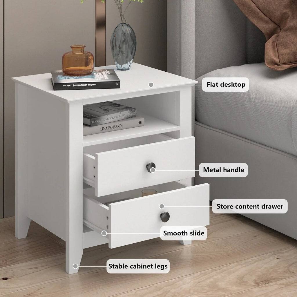 White Nightstand With 2 Drawers And 1 Open Shelf - 21.7 Inch Tall