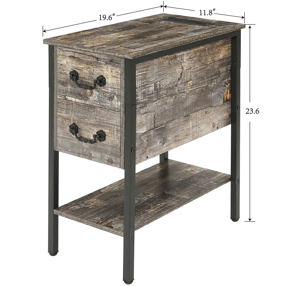 Narrow End Table With Charging Station, 2 Drawers, 19.6 in L x 11.8 in W x 23.6 in H, Gray/Black - 1-pcs / 2-pcs