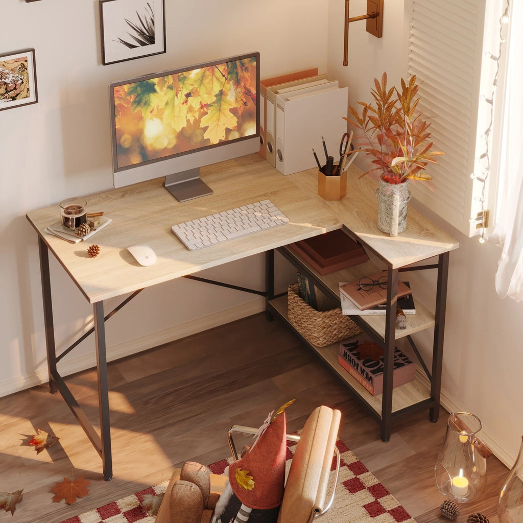 Small L-Shaped Computer Desk With Reversible Storage Shelves - 55-Inch / 47-Inch