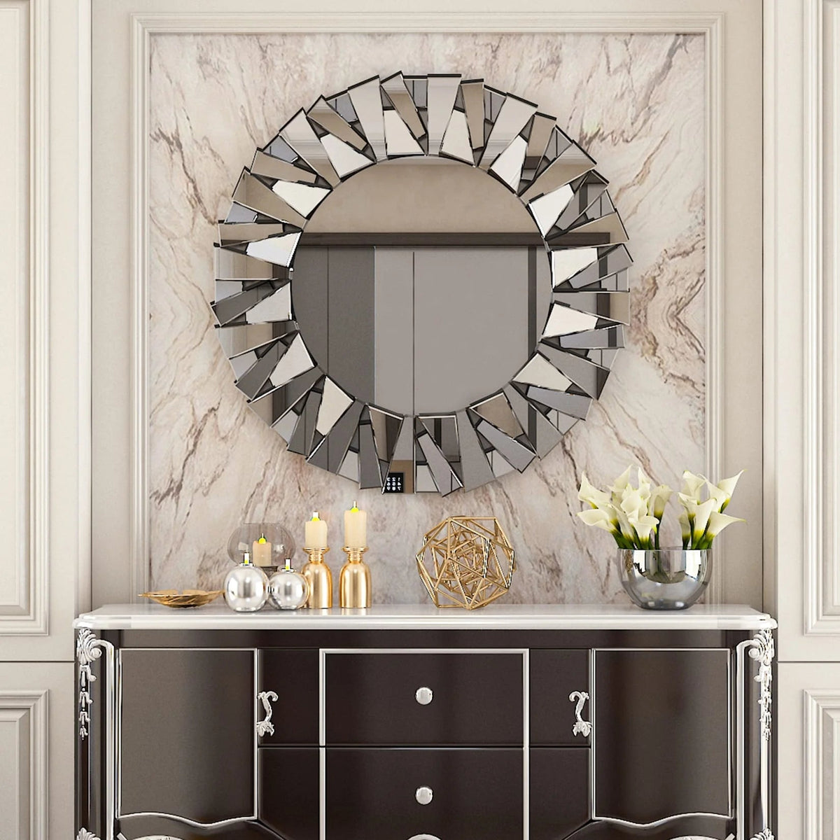 32 Inch Round Sunburst Decorative Wall Mirror, Silver Glass - 31.5 Inch