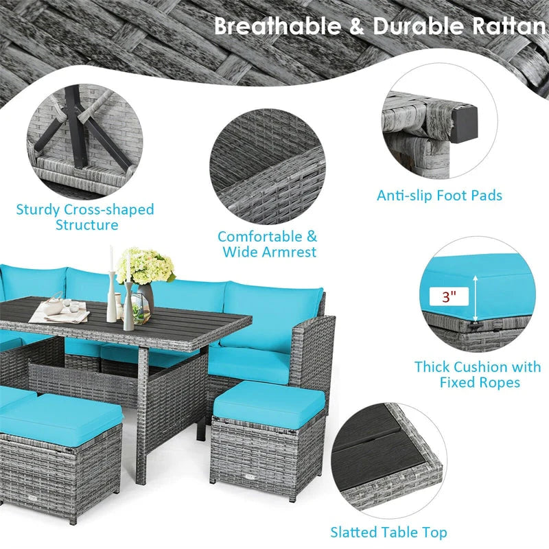 7-Piece Rattan Patio Dining Set With 3 Corner Chairs, 3 Ottomans And Table