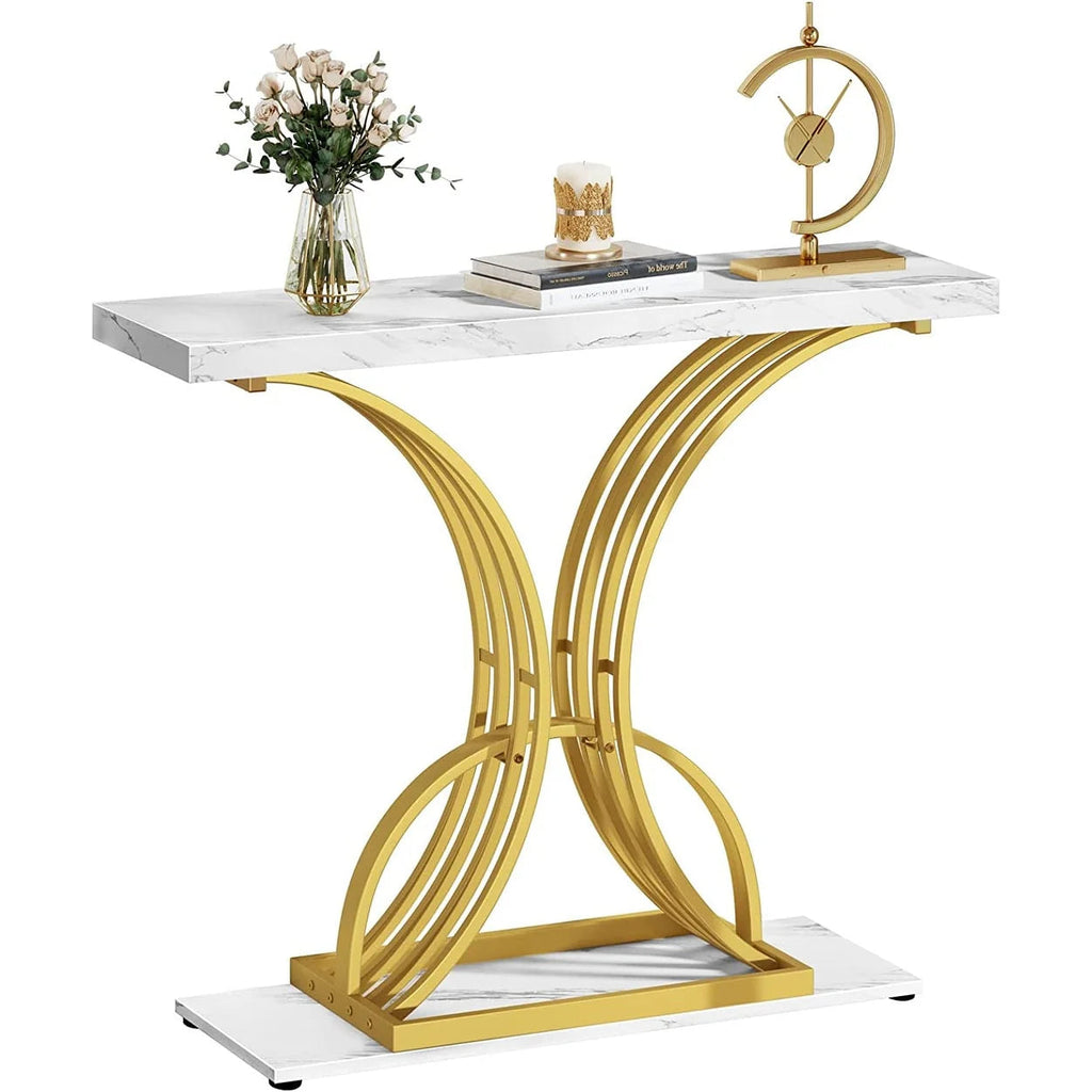 Console Table With Faux Marble MDF Top And Gold Metal Frame