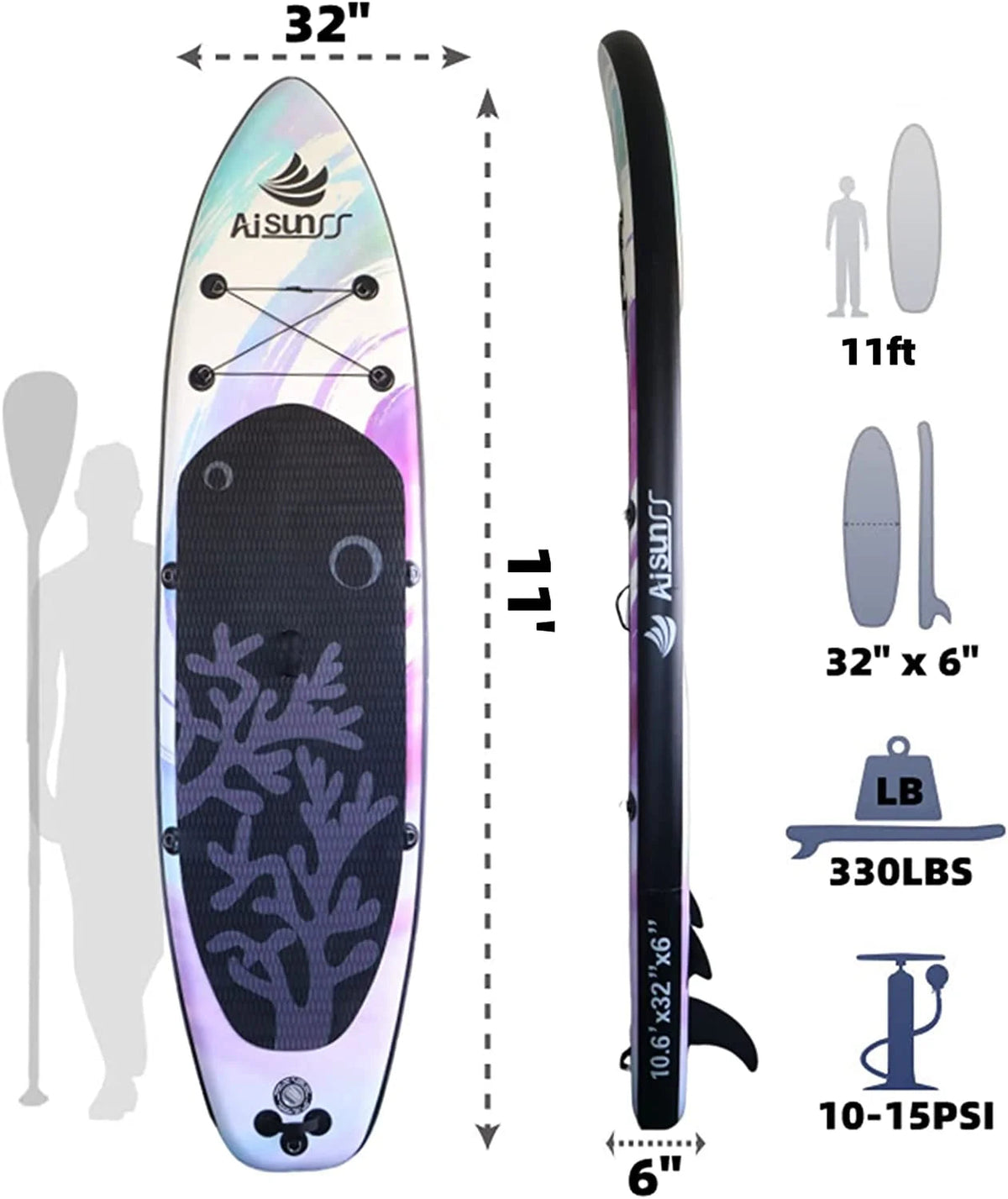 AISUNSS Inflatable Stand Up Paddle Board 11ft Fishing SUP With Accessories