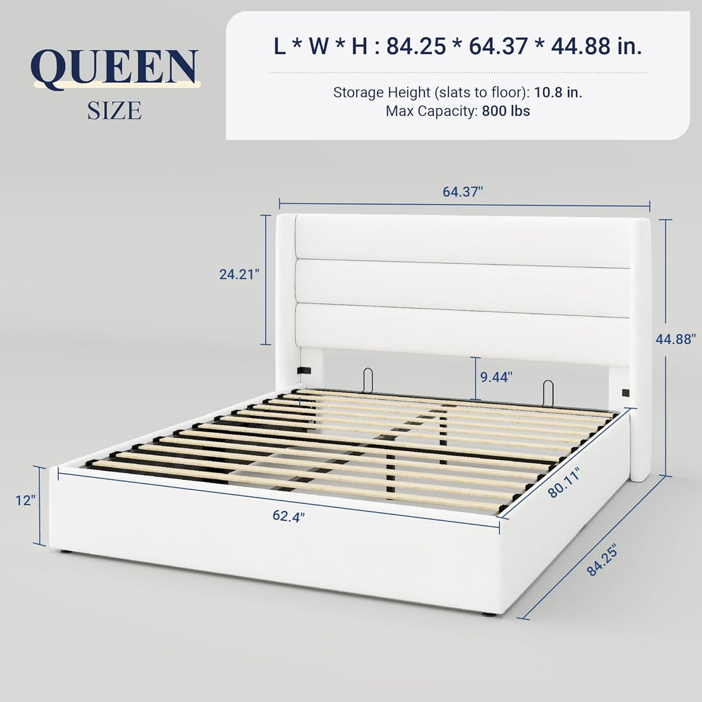 Queen Size Lift-Up Storage Bed With Wingback Headboard, Upholstered Platform Bed Frame With Hidden Storage