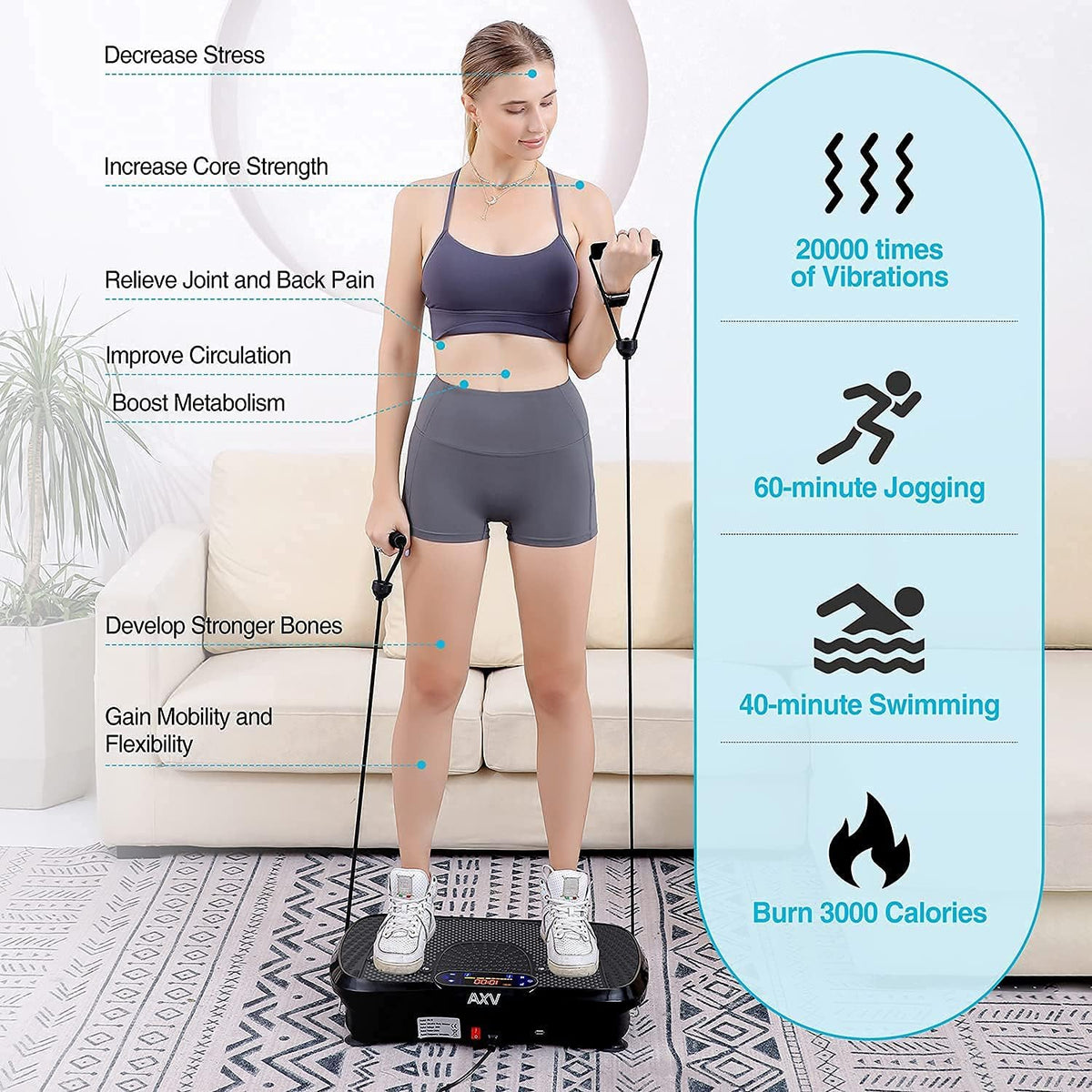 AXV Vibration Plate Fitness Platform, Gray, 2 Resistance Bands - Slim-Gray