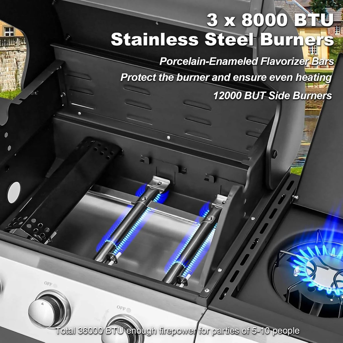 MELLCOM 4 Burner Propane Gas Grill With Cast Iron Grates And Side Stove, 44,000 BTU, Black - BBQ-4+1