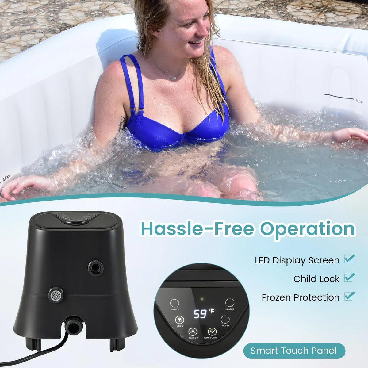 Inflatable Hot Tub, 70-80 in Round Or 71 x 70 in Rectangular, 2-6 Person