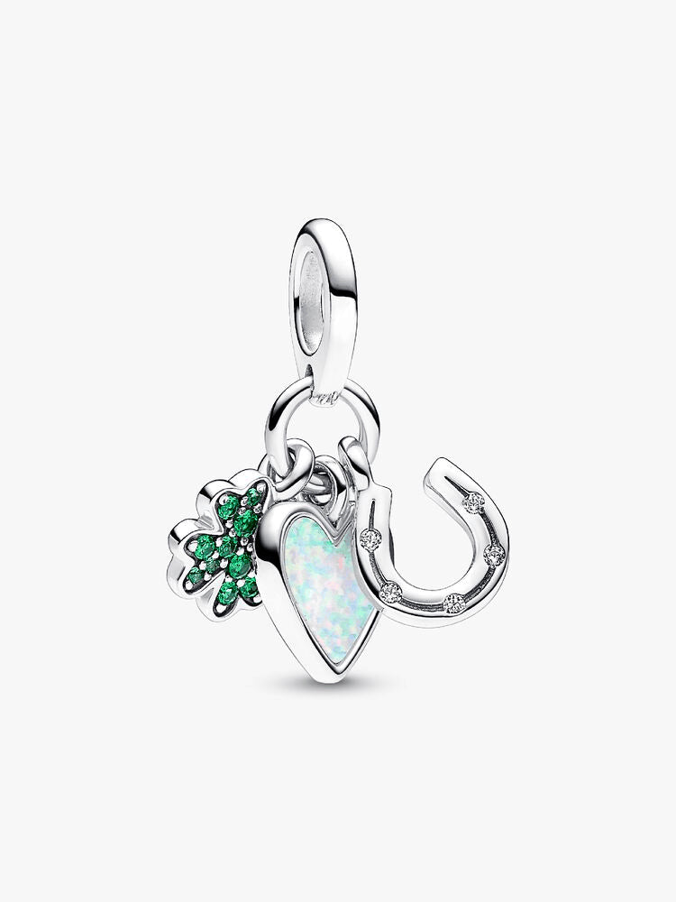 Four Leaf Clover, Heart and Horseshoe Triple Dangle Charm