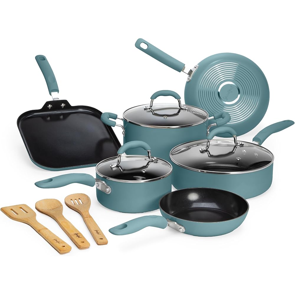 Goodful Ceramic Nonstick Cookware Set, 12-Piece, Turquoise