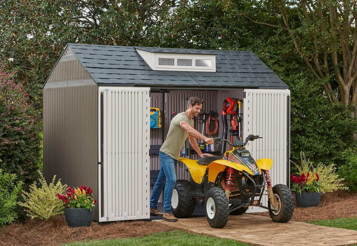 Rubbermaid Resin Outdoor Storage Shed With Floor, 7x7 ft, Gray