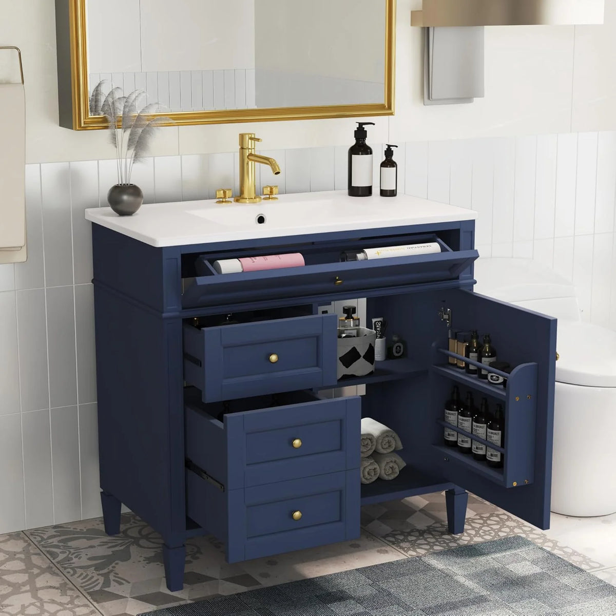 36 Inch Black Bathroom Vanity With Single Sink, 2 Drawers, Solid Wood Frame