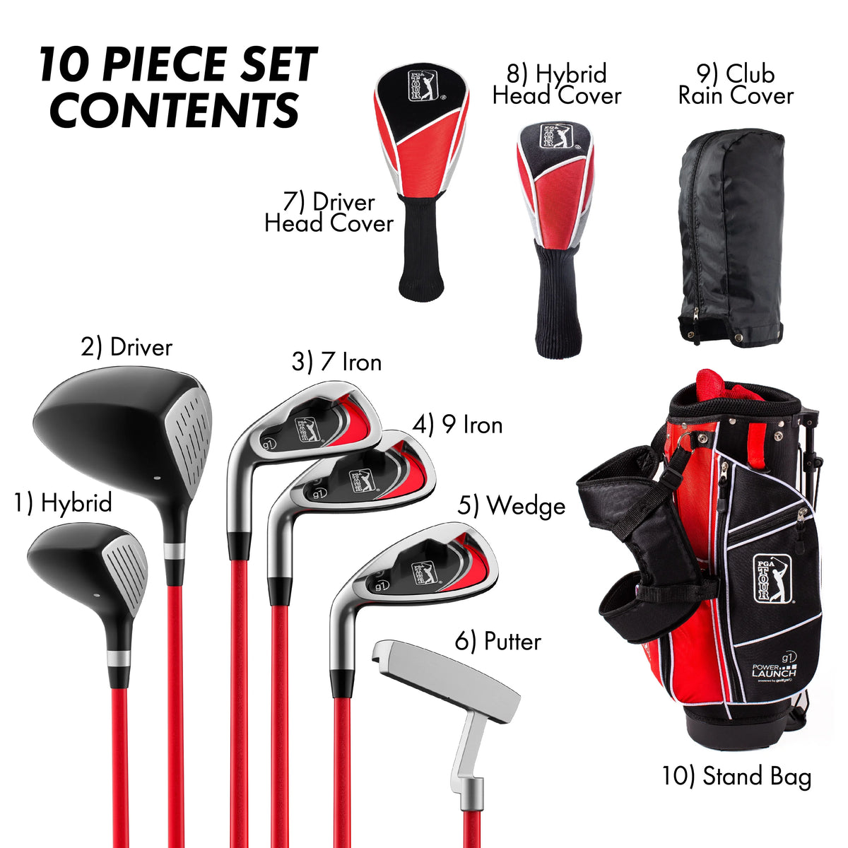 PGA Tour Right-Handed 10-Piece Kids Golf Club Stand Bag Set, Ages 8-12, Player Height 4ft 8in - 5ft 2in