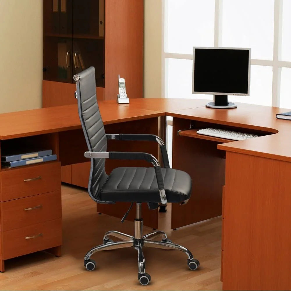Ribbed High Back PU Leather Office Chair, 3.15-Inch Pad, 19.7 x 19.1 Inch Seat, 18.1 x 29.6 Inch Back, 16.7-19.9 Inch Height, 320 Lb
