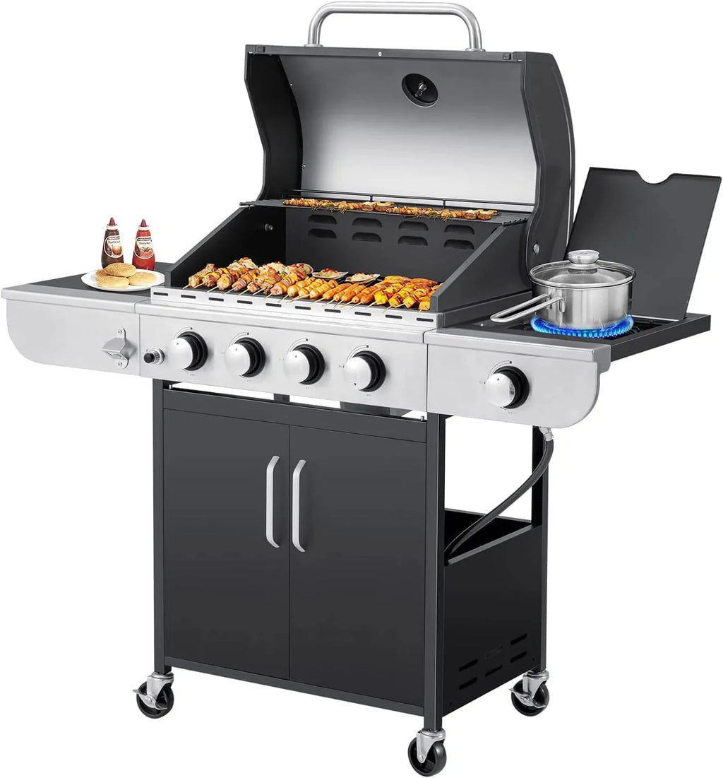 MELLCOM 4 Burner Propane Gas Grill With Cast Iron Grates And Side Stove, 44,000 BTU, Black - BBQ-4+1
