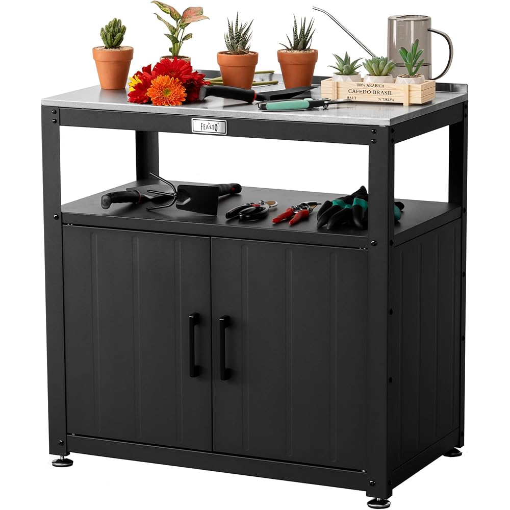 Feasto Garden Potting Bench Table With Stainless Steel Tabletop