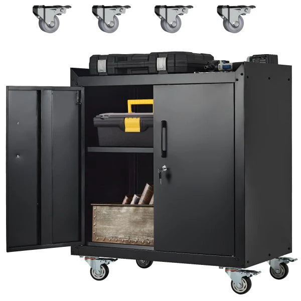 Lockable Metal Garage Storage Cabinet With Wheels, 2 Doors, 34 H X 30.3 L X 18 W - Garage Storage Cabinets