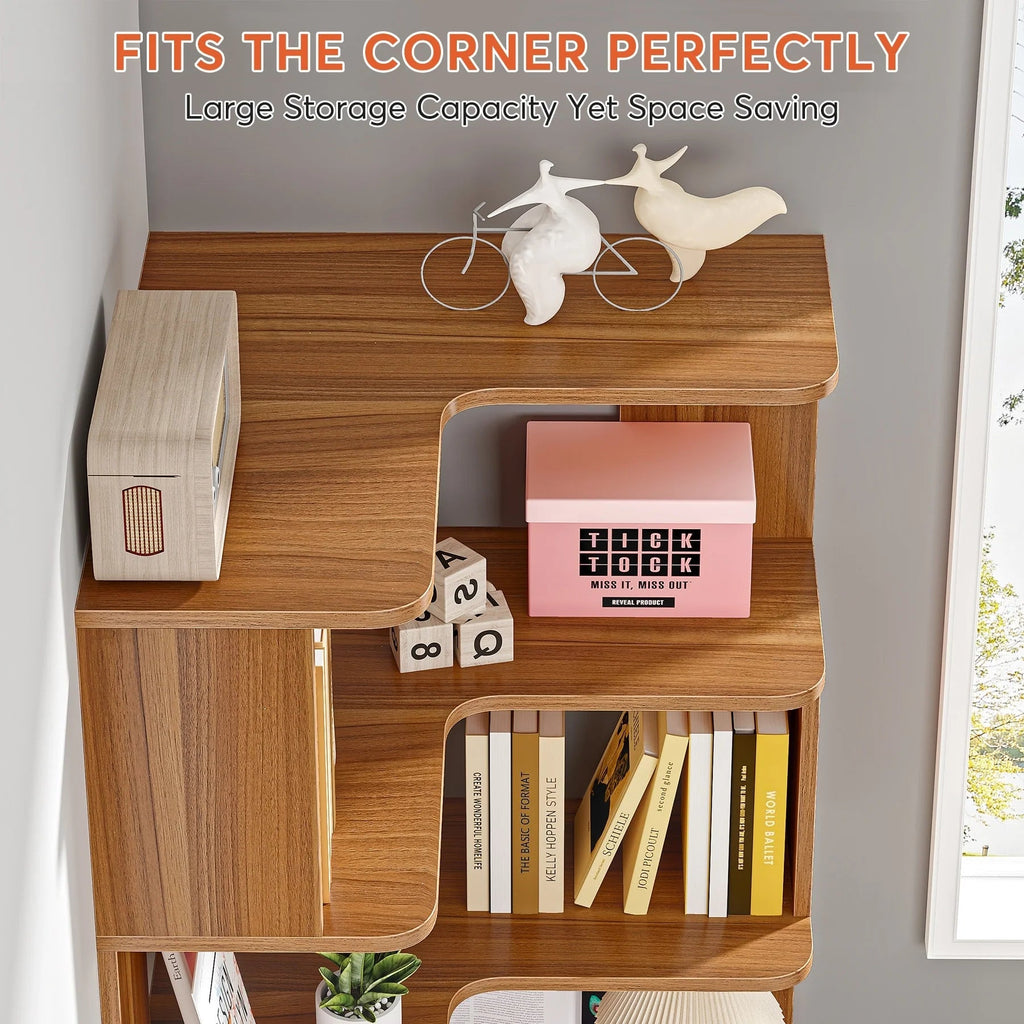 6-Tier Corner Bookshelf, 64.9 Inch Tall, Freestanding Wood Industrial Bookcase