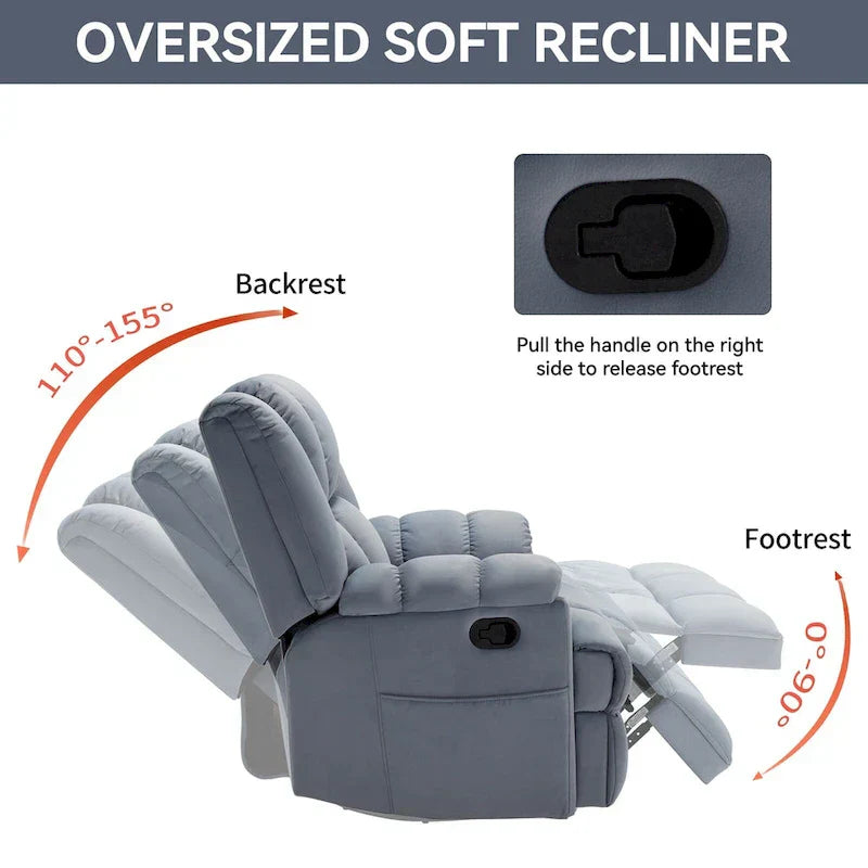 Lazy Boy Oversized Fabric Swivel Rocking Manual Recliner Chair, 37.8L*38.2W*41H, 155 Degrees