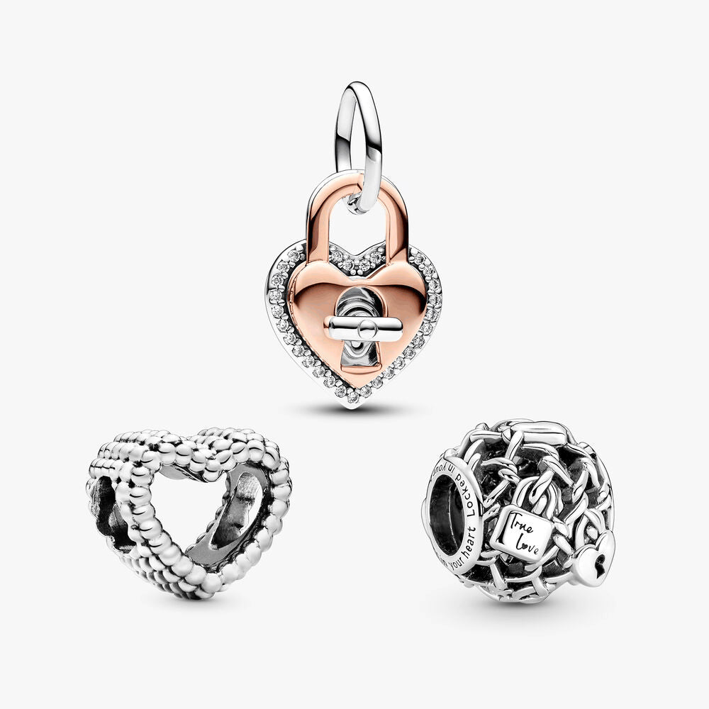 Heart and Padlock Charm Trio
