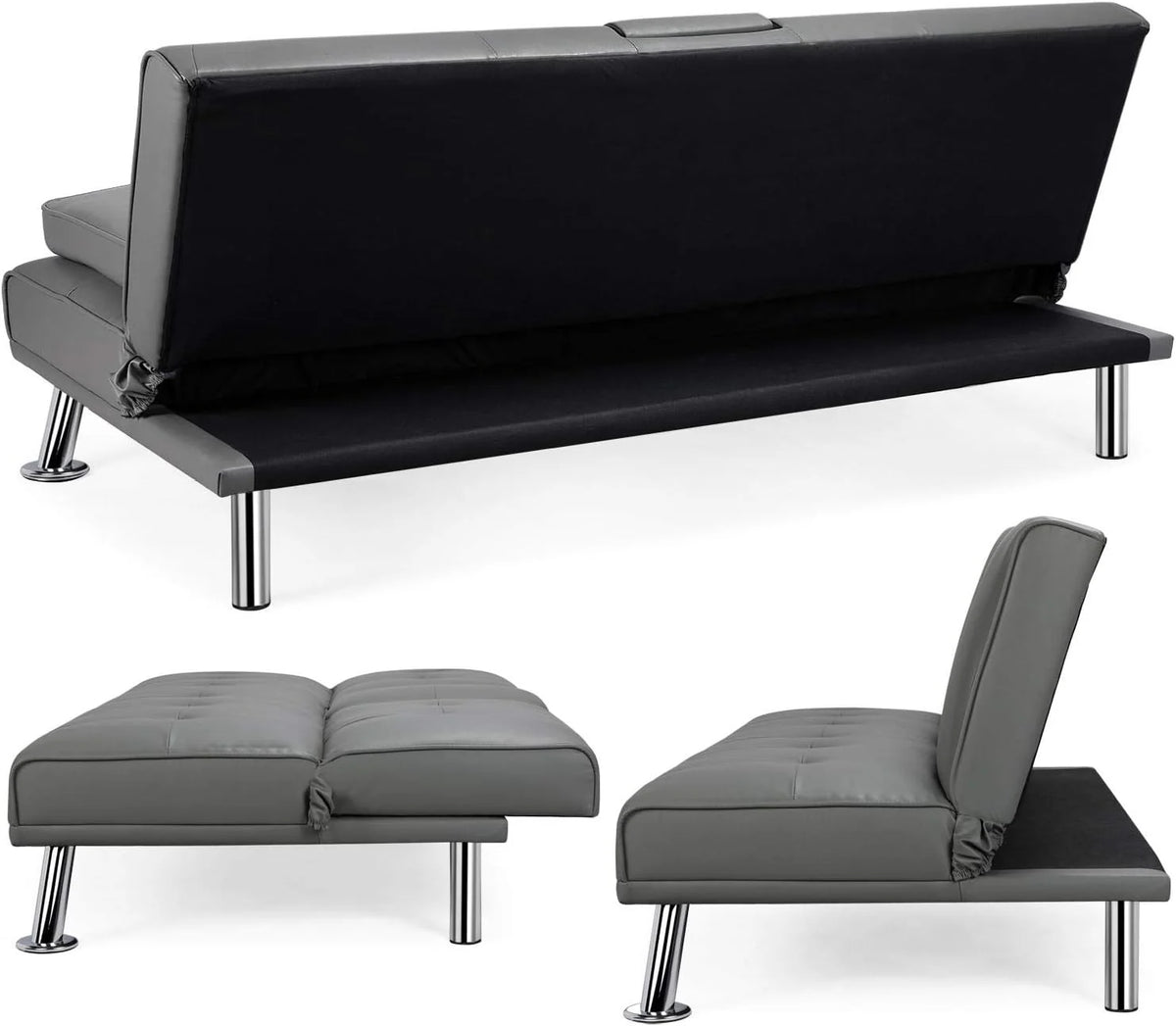 Yaheetech Convertible Faux Leather Sofa Bed, 3 Angles, 772lb Capacity, Black