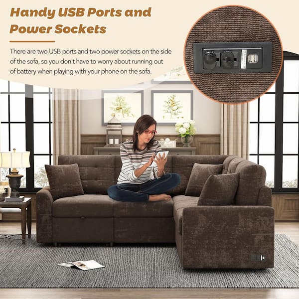 82.6 in L-Shaped Corded Velveteen Sectional Sleeper Sofa, Brown, USB Ports And Power Sockets - 82.6 in W x 82.6 in D x 33 in H