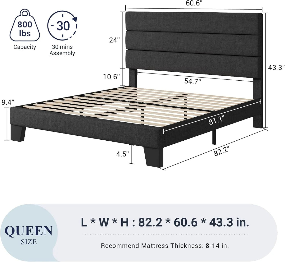 Queen Size Upholstered Platform Bed Frame With Headboard - Dark Gray Fabric