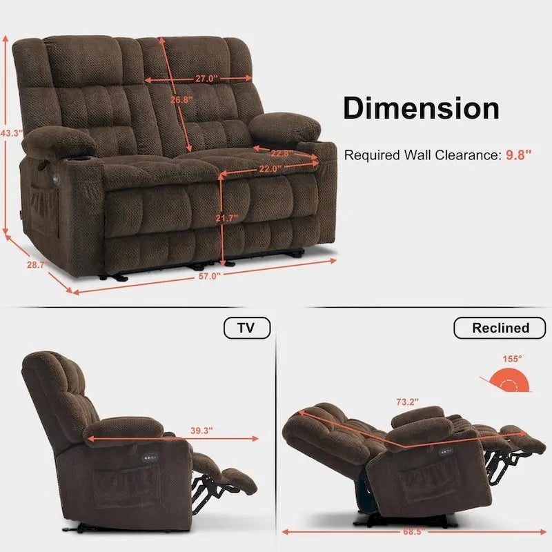 MCombo Power Reclining Loveseat With Heat, Vibration, Cupholders And USB Charge Ports - RS6314