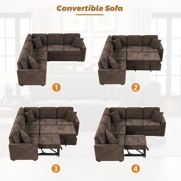 82.6 in L-Shaped Corded Velveteen Sectional Sleeper Sofa, Brown, USB Ports And Power Sockets - 82.6 in W x 82.6 in D x 33 in H