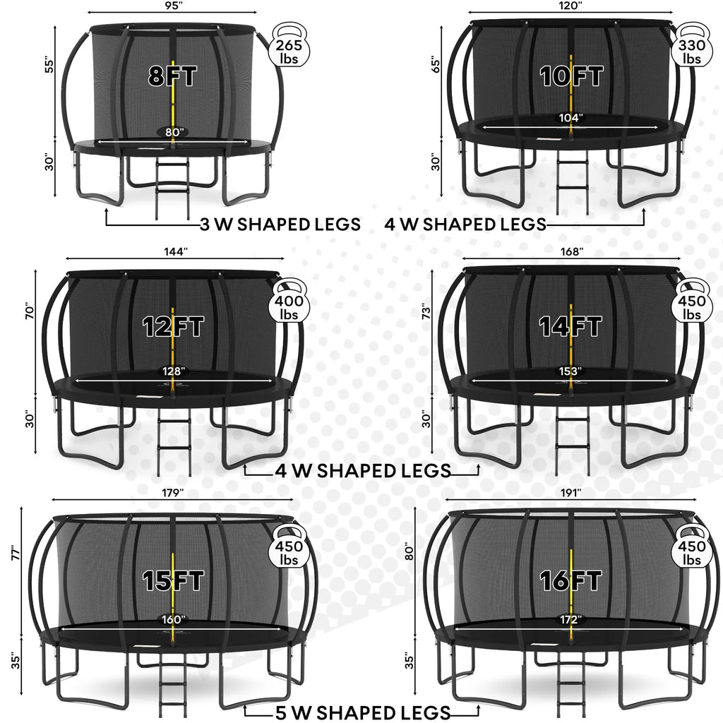 JUMPZYLLA Outdoor Trampoline With Enclosure, 8FT, Black & Blue - 14FT