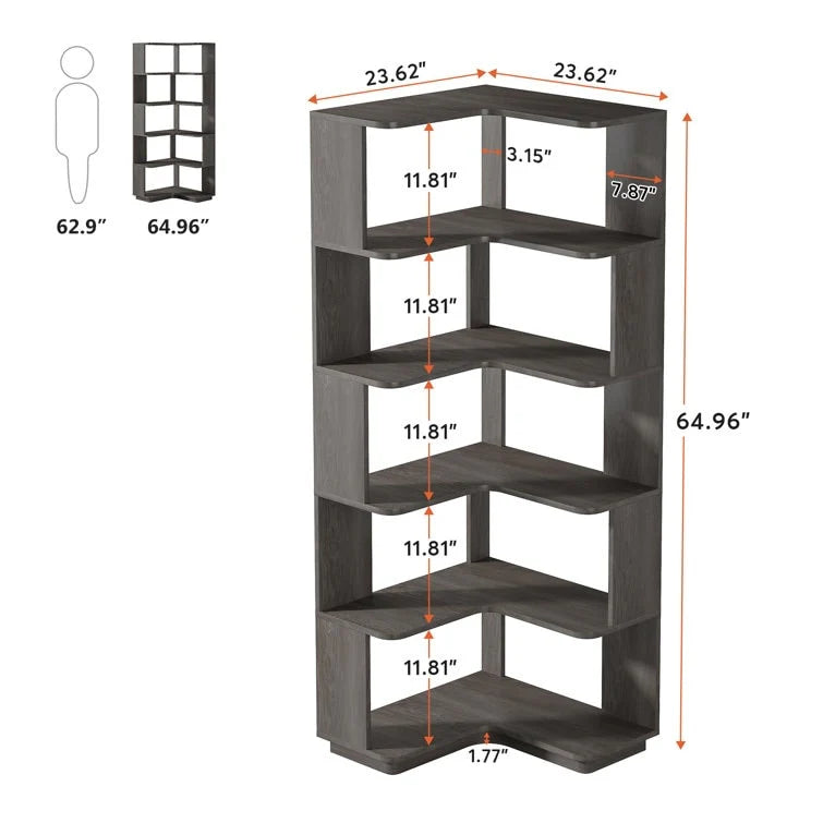 6-Tier Corner Bookshelf, 64.9 Inch Tall, Freestanding Wood Industrial Bookcase