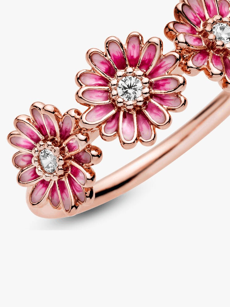 Pink Daisy Flower Trio Ring